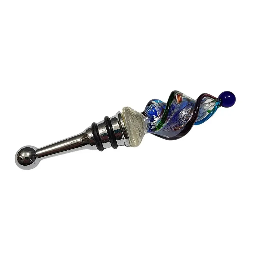 Multicolored Twisted Spiral Wine Stopper Hand Blown Murano Art Glass Rubber Seal